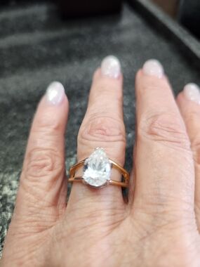 Gold-Tone Pear Solitaire Ring with CZ Stone Size 8